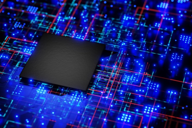 Foto microprocessor, een chip op het moederbord. kunstmatige intelligentie. blockchain-technologie. 3d-rendering.