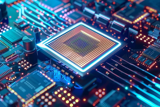 Microprocessor met neonglow gedetailleerde circuits op een futuristisch moederbord