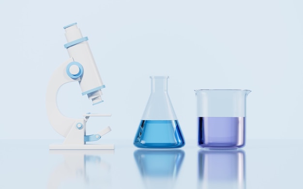 Microscoop en glaswerk op het bureau in het lab 3D-rendering