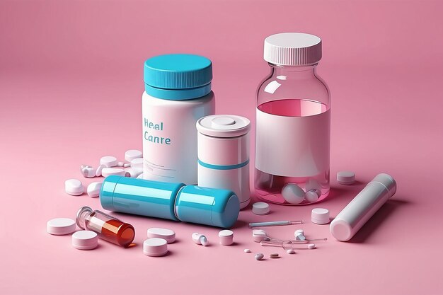 Microscoop en medicijntabletten op roze achtergrond Gezondheidszorgconcept Kopieerruimte 3D-illustratie