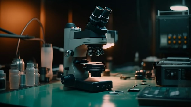 Microscoop op tafel in wetenschappelijk laboratoriumonderzoek en ontwikkelingsconcept generatieve ai