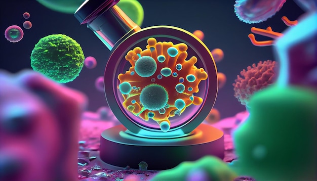 A microscope and a cell with the word virus on it