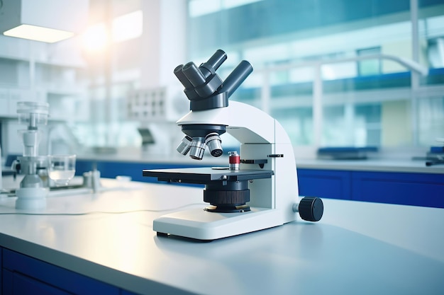 A microscope in an empty science laboratory