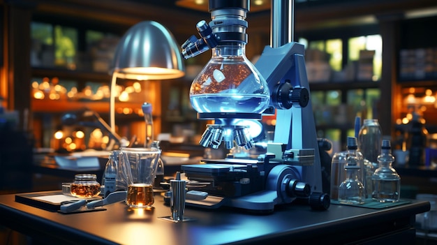 Microscope and a glassware with a blue label on a lab