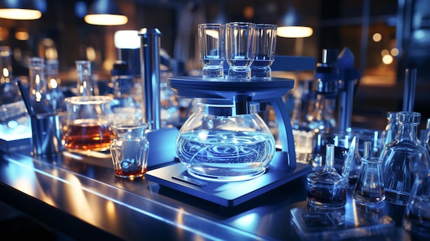 microscope and a glassware with a blue label on a lab