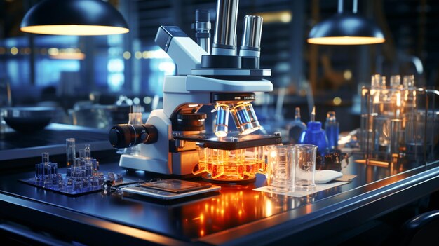 microscope and a glassware with a blue label on a lab