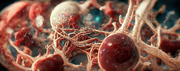 Microscope image of human or alien cells inside human body\
creation of life mesmerize movement of cells representation of a\
virus medical general image for use in movie games or books