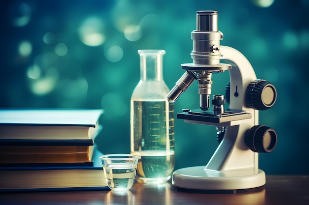 A microscope and a lab beaker symbolizing the exploration and discovery in science education