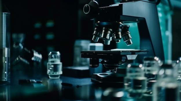 A microscope in a lab with a glass of water in the background