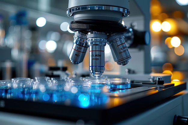 microscope in a lab with petri dishes and equipment