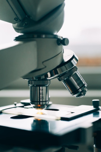 Microscope in the laboratory closeup