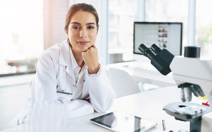 Photo microscope portrait and science with woman in laboratory for breakthrough clinical trial or discovery biotechnology medical and pharma research with scientist at desk for development innovation