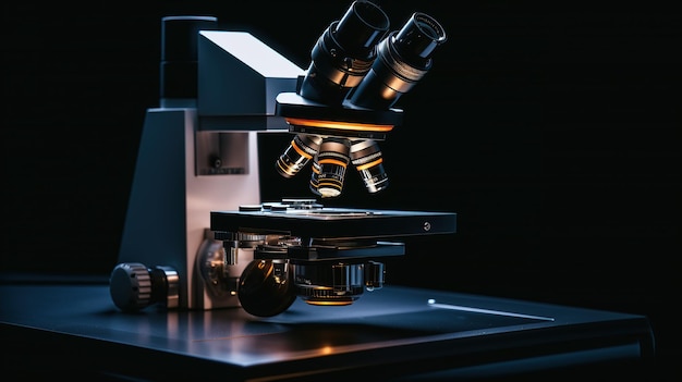 A microscope set against a black backdrop