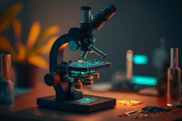 A microscope sits on a desk with a bunch of gems on it.