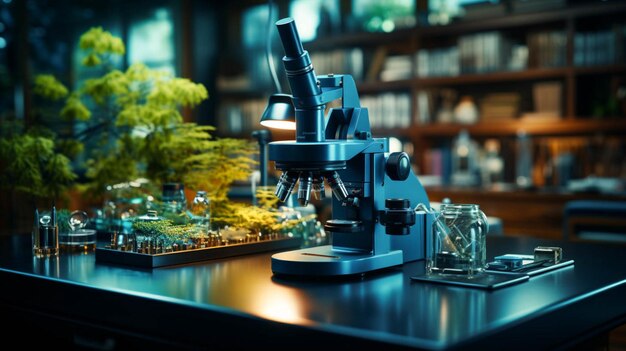 Photo a microscope on a table in a blue wall blur background