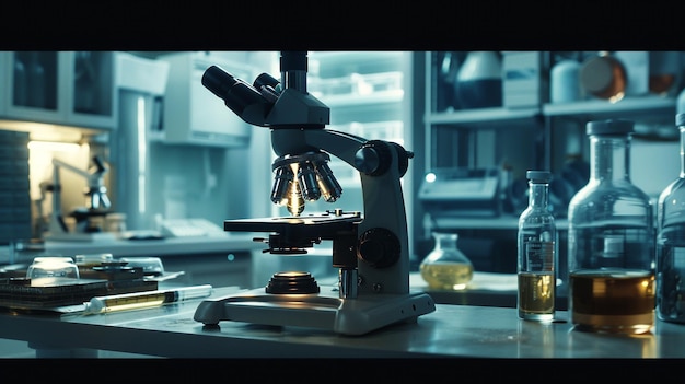 Microscope on table in laboratory science research and development concept