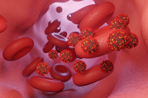 Microscope virus attack blood close up concept art . Pathogenic viruses causing infection in host organism , Viral disease outbreak ,Virus attacking red blood cells , 3d render