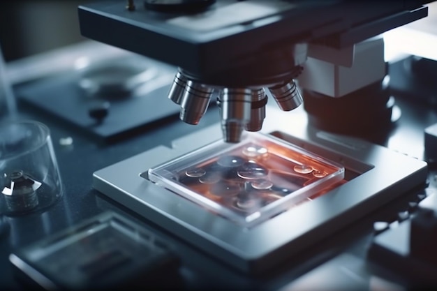 A microscope with a red light on it