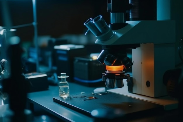 A microscope with a small container of liquid on it.