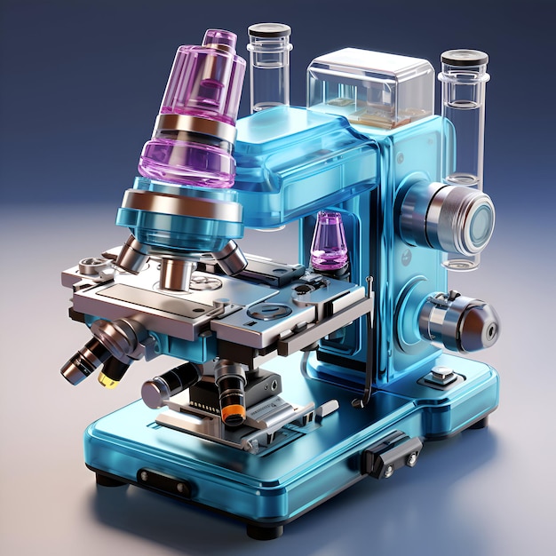 Microscope with test tubes on a blue background 3d illustration