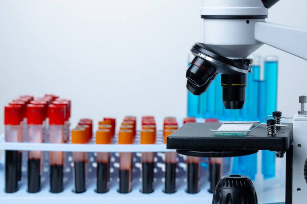 Microscope with test tubes for research close up