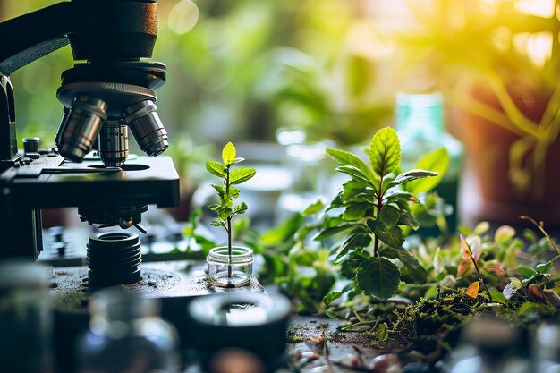 Photo microscope and young plant in science test tube