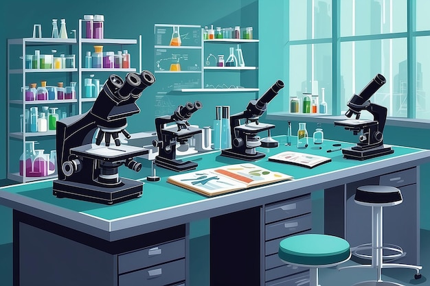 Microscopes on lab tables with slides and scientific specimens vector illustration in flat style
