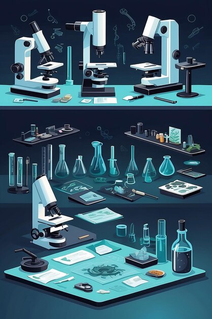 スライドと科学標本のベクトルイラストを平らなスタイルでラボテーブル上の微鏡スライドと科學標本のヴェクトルイラーストを平坦なスタイルでの微鏡