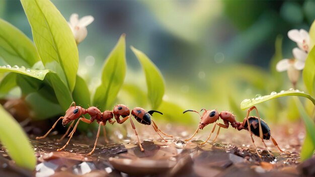 Microscopic ants amidst giant plant