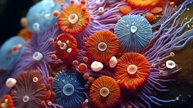 Photo microscopic close up microbes colony of microbes and bacteria