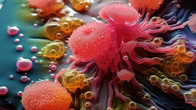 Photo microscopic close up microbes colony of microbes and bacteria