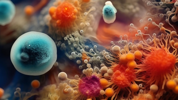 Photo microscopic close up microbes colony of microbes and bacteria