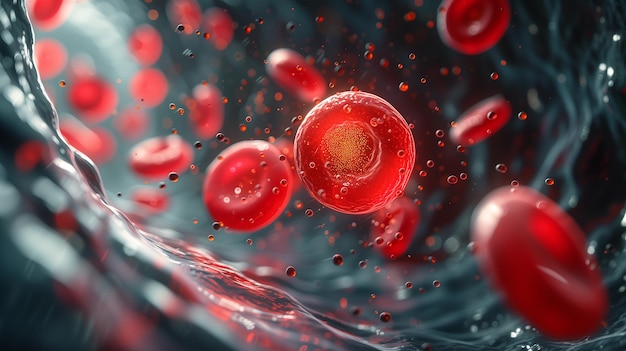 Photo a microscopic glimpse into bloodstream reveals erythrocytes and cholesterol cells in transit