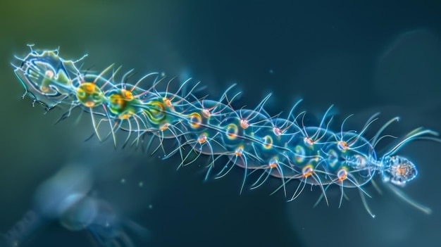 A microscopic image of a diatom in motion with its long hairlike projections flowing gracefully