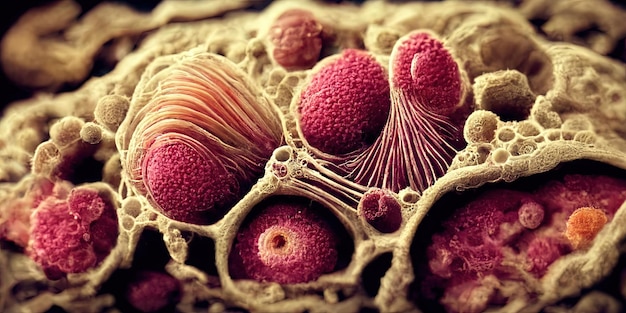 Microscopic image of human or alien cells inside human body\
creation of life mesmerize movement of cells representation of a\
virus medical general image for use in movie games or books