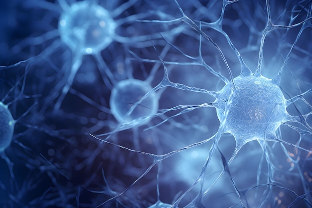 Микроскопическая сеть нейронных клеток мозга взаимосвязанные нервные клетки с электрическими импульсами светящийся синапс концепция здравоохранения генеративный ИИ