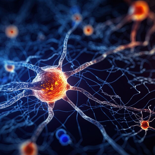Фото Микроскопическая фотография человеческого нейрона в 3d