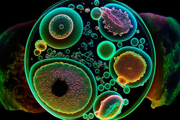 Фото Микроскопическая фотография живые биолюминесцентные бактерии
