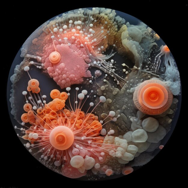 Premium AI Image  In the microscopic realm a vibrant microbe dances form intricate surreal A 