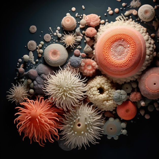 Premium AI Image  In the microscopic realm a vibrant microbe dances form intricate surreal A 