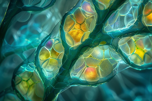 Microscopic shot of cells of trees in a colorful cell view with space Generative AI