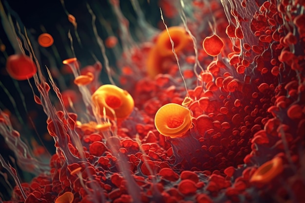 Microscopic view of blood cells in motion created with generative ai