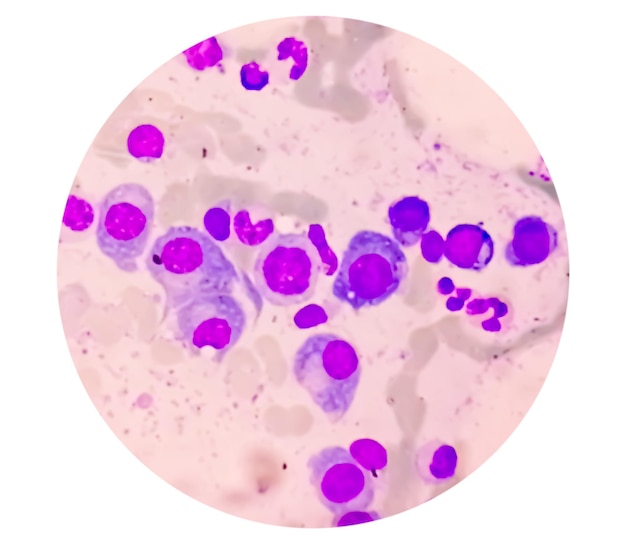 Photo microscopic view of bone marrow slide showing multiple myeloma, a type of bone marrow cancer.