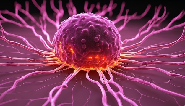 A microscopic view of a cancer cell with glowing red nuclei