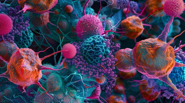 Photo a microscopic view of cancer cells with vibrant colors highlighting different cell structures and mutations