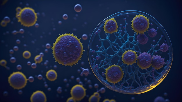 Microscopic view of a cluster of cells and molecules of spherical Viruses