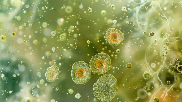 A microscopic view of a cyanobacteria colony surrounded by tiny particles of sediment as these