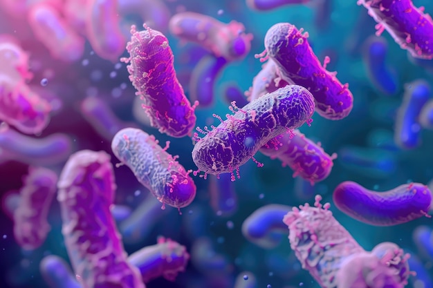 Photo microscopic view of gram stain showing rod shape escherichia coli or e coli bacteria