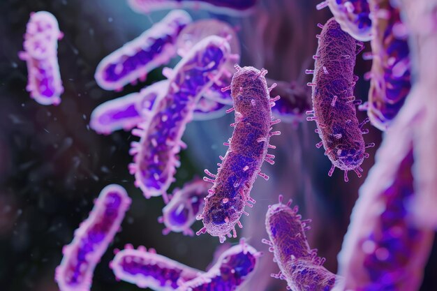 Photo microscopic view of gram stain showing rod shape escherichia coli or e coli bacteria