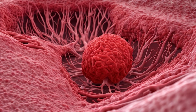 Microscopic view of a red blood cell amidst a network of capillaries